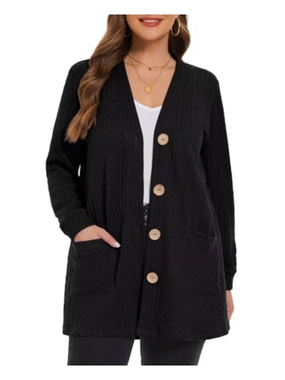 Cable Knit Open Front Cardigan with Pockets Long Sleeve Button Down Sweater